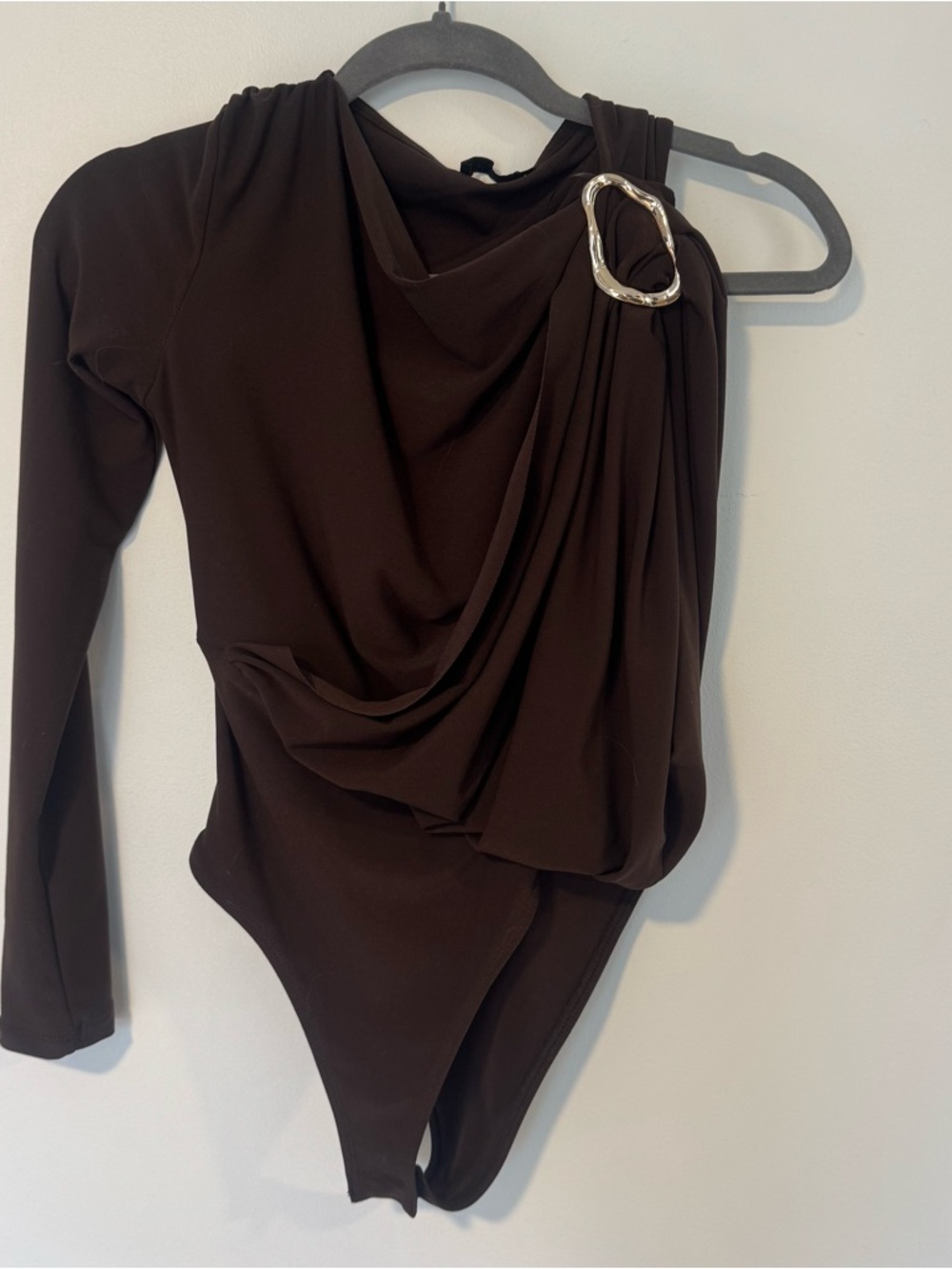 Zara Dark Brown One Shoulder Bodysuit with Gold Accent